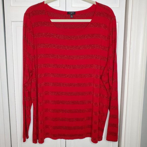 Talbots 2X Plus Size red Striped Long Sleeve T-Shirt Top Rounded Neckline - Picture 1 of 7